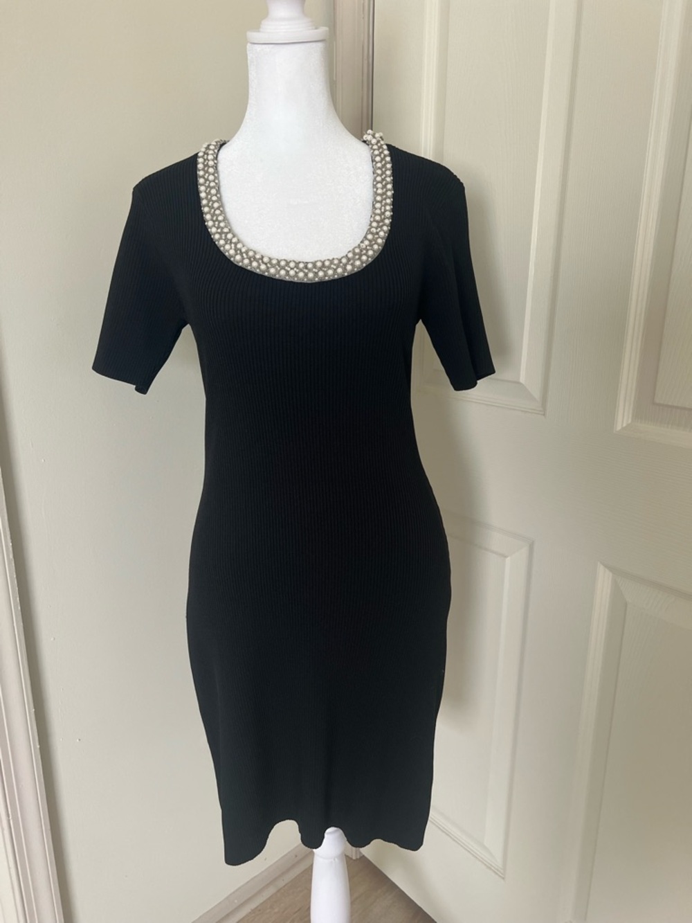 Endless Rose Black Short Sleeve Ribbed Mini Dress with Pearl Trim